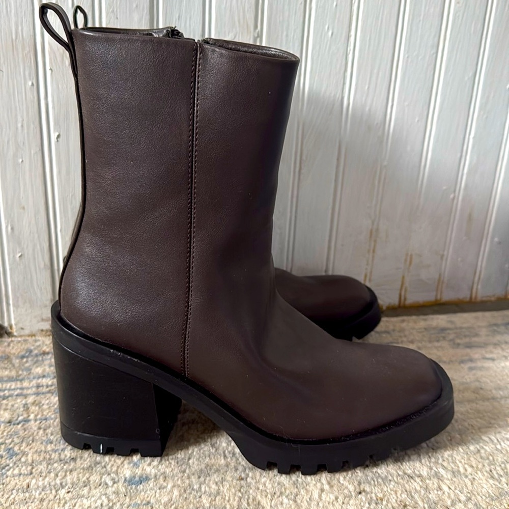 Chocolate heeled booties.